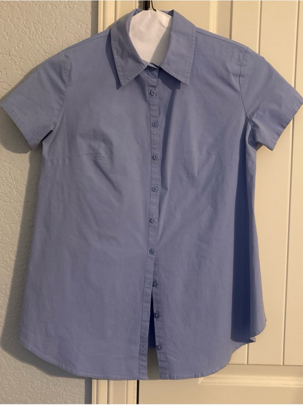 Light Blue Short Sleeve Button-Up Maternity Blouse